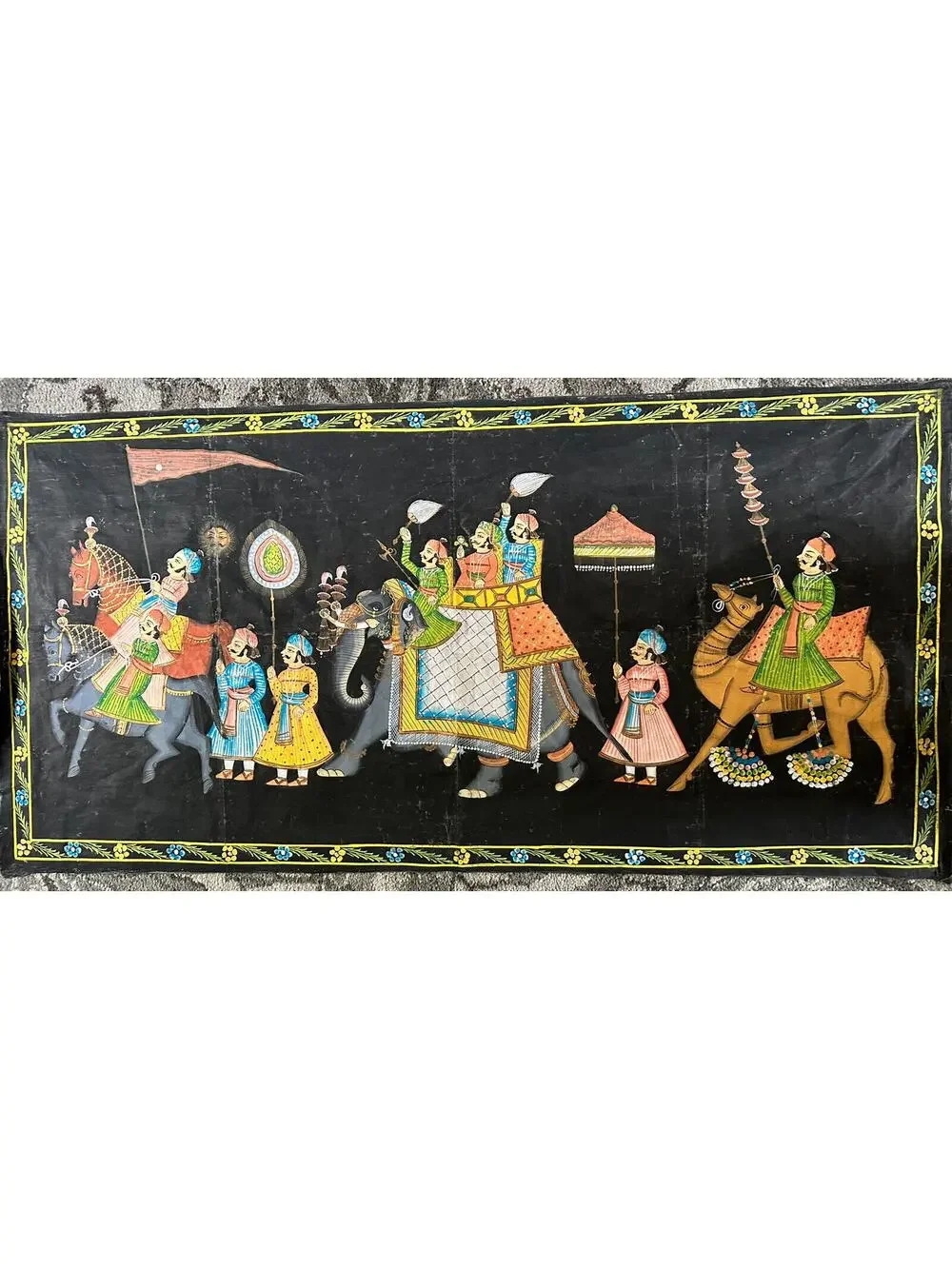 Vintage Indian Batik Black Cotton Wall Hanging Hand painted Elephants 28x60” Art